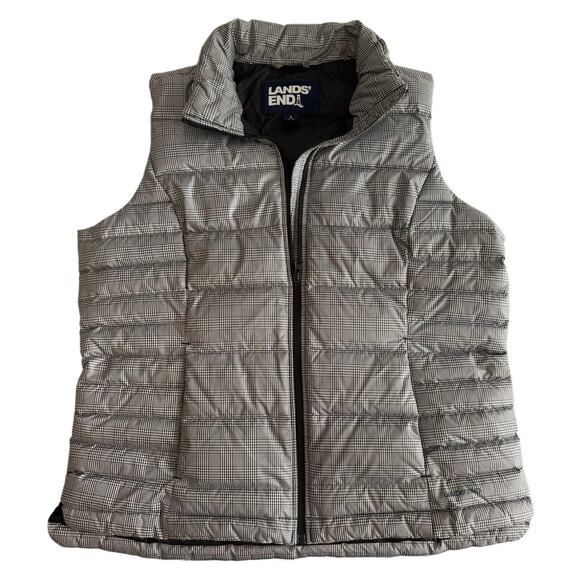 LANDS END Black White Micro Gingham Down Puffer Vest Funnel Neck Preppy EUC Lg - Picture 1 of 7